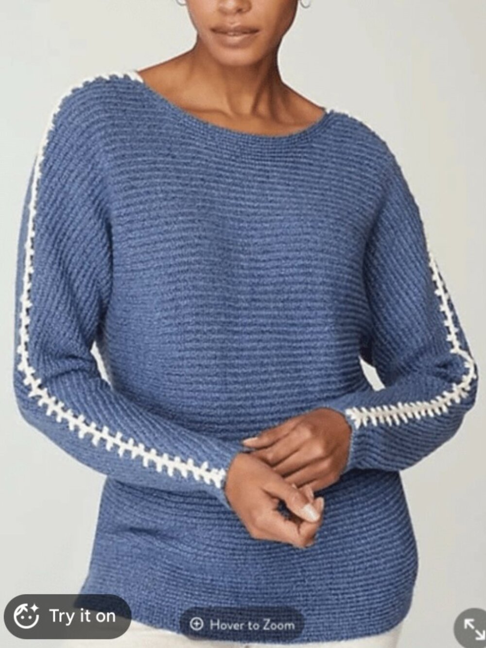 J. Jill Pure Jill Blue Sweater Boat Neck With White Hand Stitching Size Medium